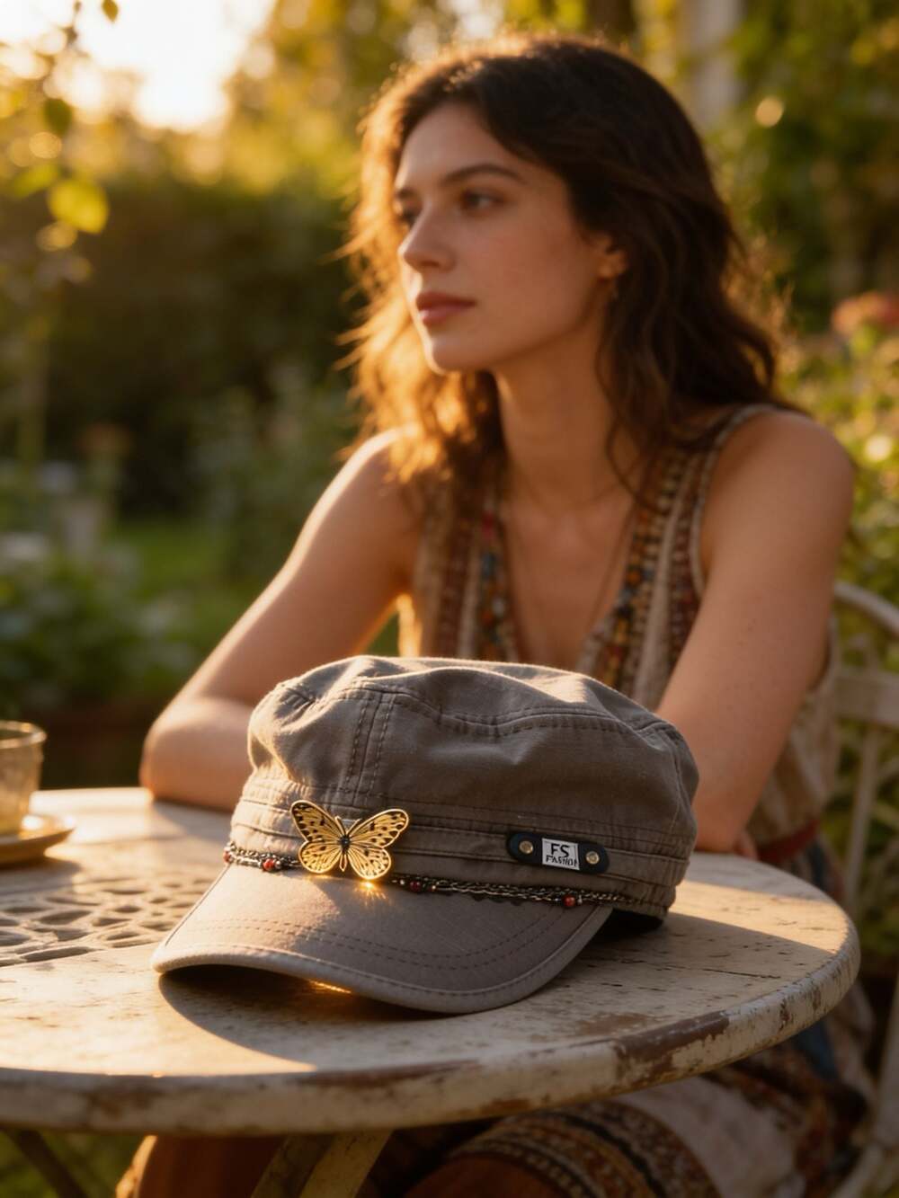 Indiana Design Brown Cadet Hat with Butterfly and Chain Trim